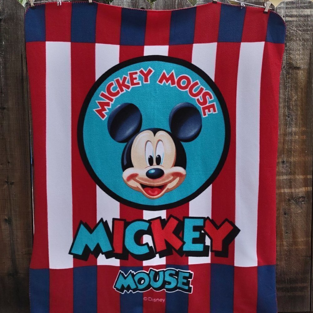 Vintage Disney Fleece Throw Blanket Mickey Mouse Carnival Stripe Blue Label